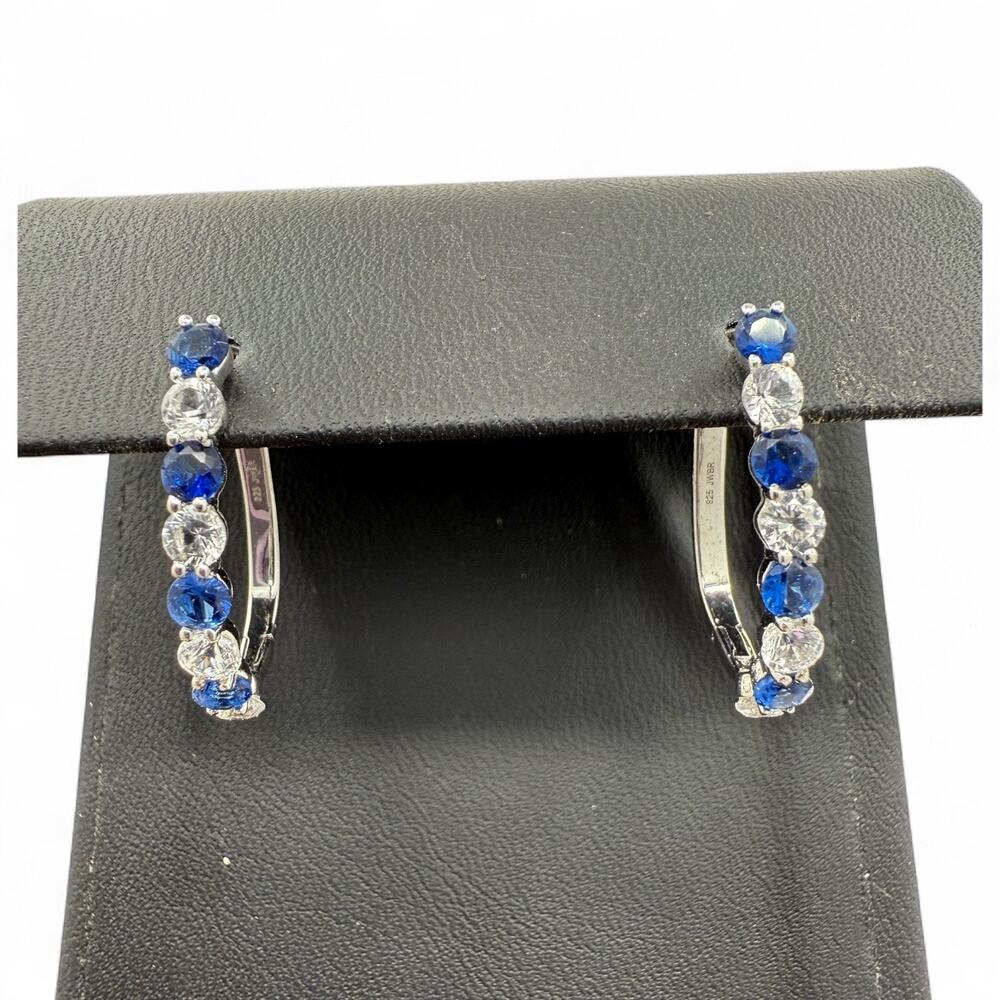 Blue Sapphire White Sapphire Leverback Earrings 925 Sterling Silver Hoop Huggie